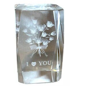 3D Laser Etched Roses I ♡ You Crystal Glass Paperweight 3" Tall